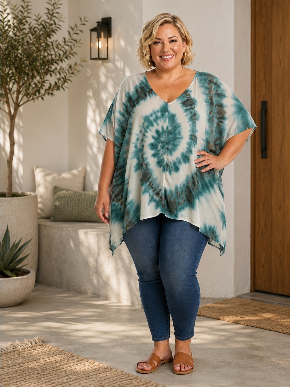 River + Sky Teal and Cream V-Neck Tie-Dye Tunic